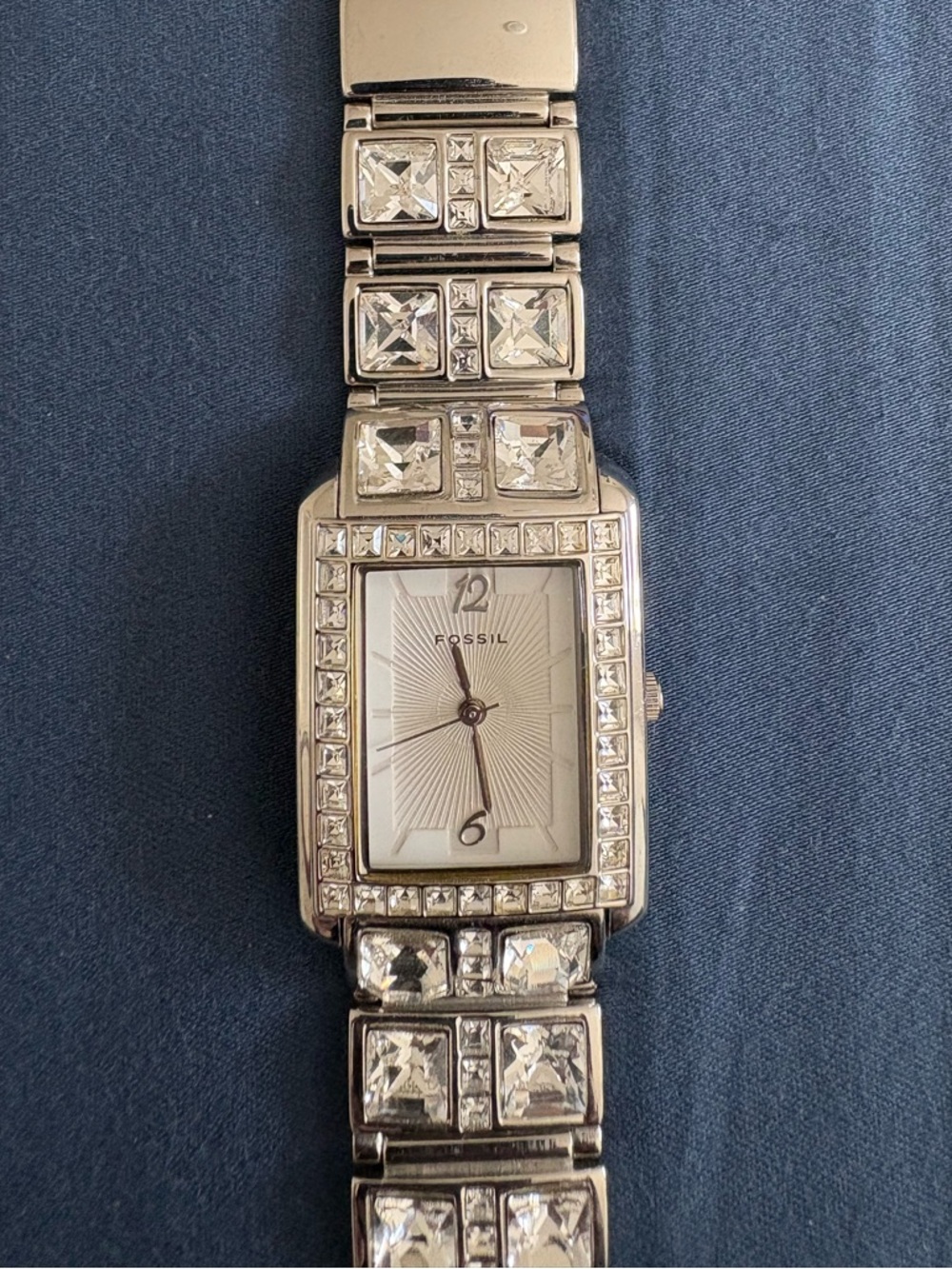 Fossil Silver Crystal-Accented Rectangle Bracelet Watch